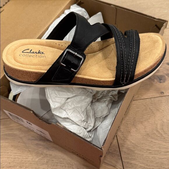 Clarks Black Slide Sandals with Cream Sole - Picture 2 of 4
